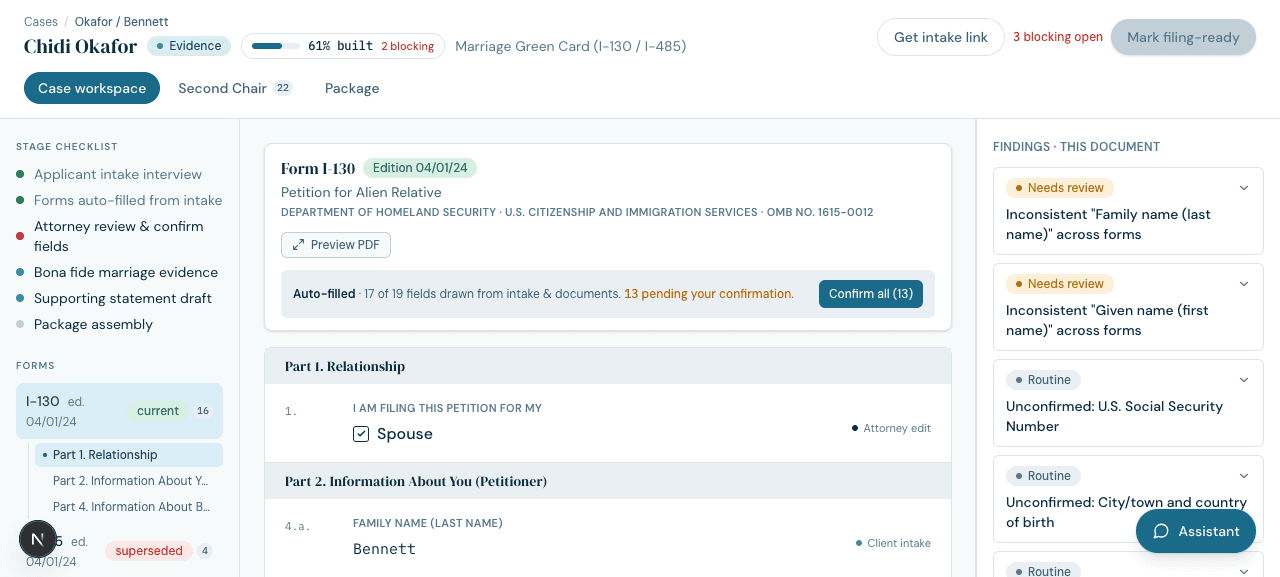 The Auditor case workspace showing Form I-130 auto-filled from intake, each value labelled with its source, and a findings rail on the right.